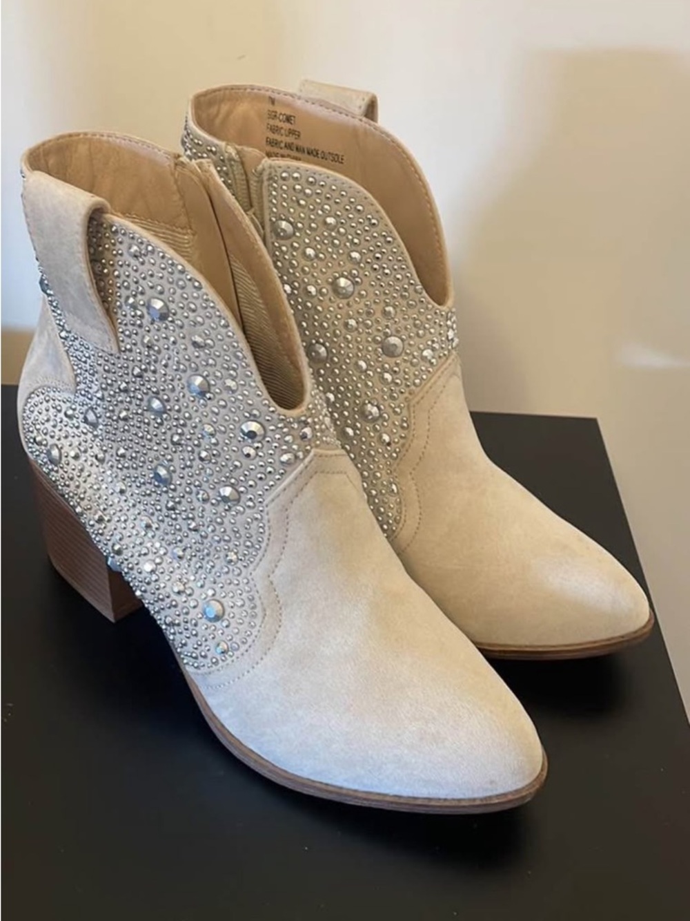 Beige Embellished Suede Ankle Boots - Women's Fashion Booties